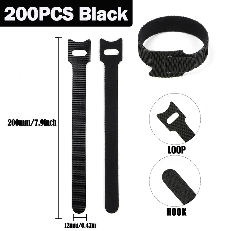 50/200 Stück 150/200/250/300 mm schwarze lösbare Kabelbinder Nylon Hakenschlaufenbänder Wrap Zip Bundle Krawattenbefestigungsband Draht Organizer