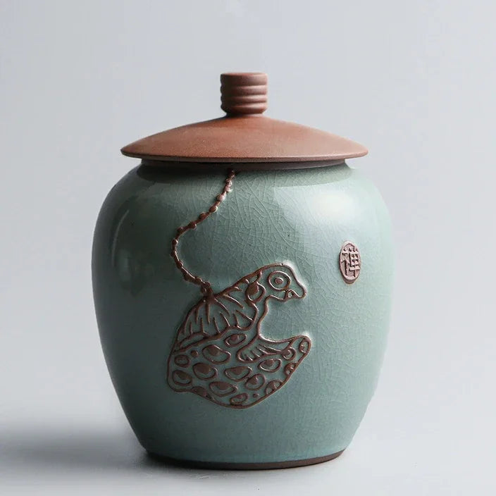 Hand-carved lotus celadon ash pet urn, dog and cat cremation urns, ceramic urns, sealed jar, funeral memorial art, large size