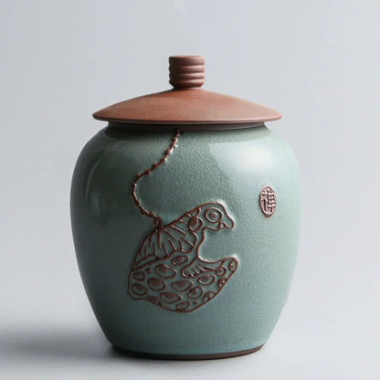 Hand-carved lotus celadon ash pet urn, dog and cat cremation urns, ceramic urns, sealed jar, funeral memorial art, large size