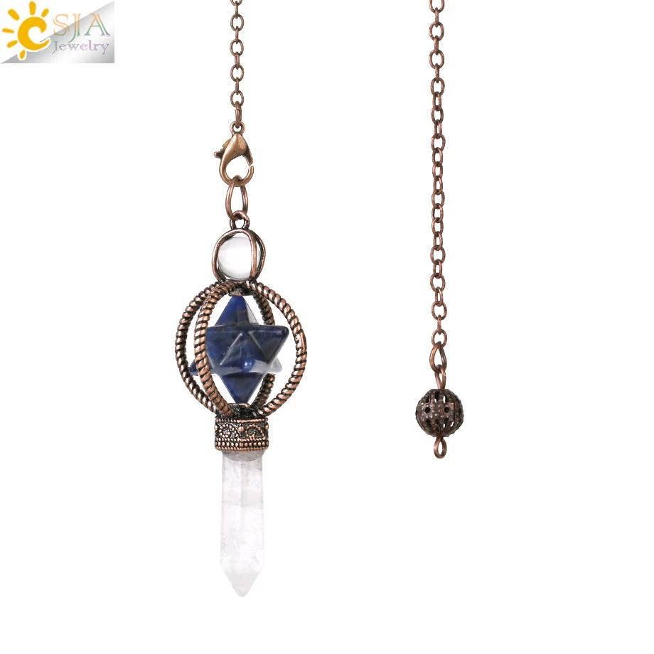 CSJA Esoterik Kristallpendel für Wünschelpen, Weissagung, Pendel, Merkaba, Naturstein-Anhänger, klarer Quarz, rote Bronze, G930