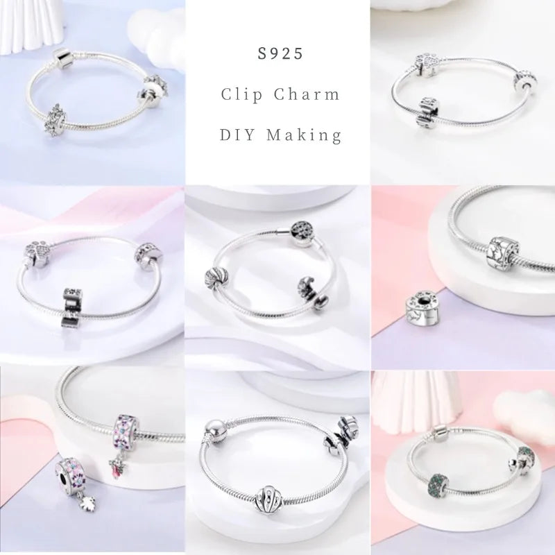 Lucky Clover Clip Charms 925 Sterling Silber Original Black Cat Stopper Clamp Silikon Spacer Charm für DIY Schmuck Armband