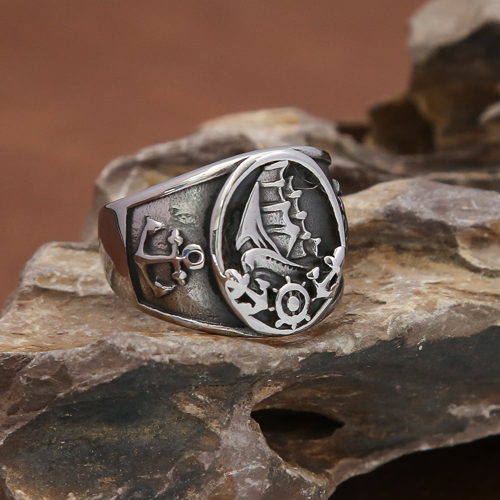 Mode Vintage Nordic Segelboot Piraten Ring Männlichen 316L Edelstahl Viking Kompass Ringe Biker Amulett Schmuck Geschenk Großhandel