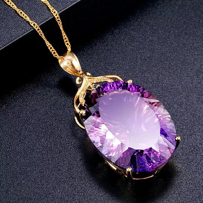 Zirkon-Halskette, Amethyst, Saphir-Edelstein-Charm, 18 Karat vergoldetes Silber, 36 CT ovale Kristall-Zirkon-Anhänger-Halskette, Geschenk für Frauen