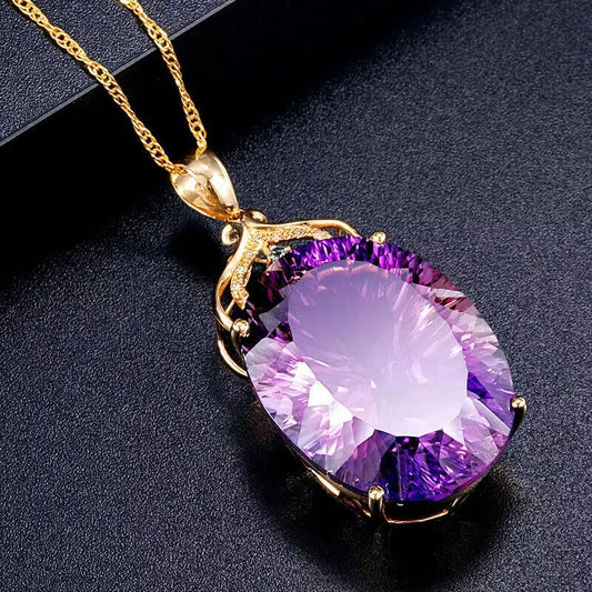 Zirkon-Halskette, Amethyst, Saphir-Edelstein-Charm, 18 Karat vergoldetes Silber, 36 CT ovale Kristall-Zirkon-Anhänger-Halskette, Geschenk für Frauen