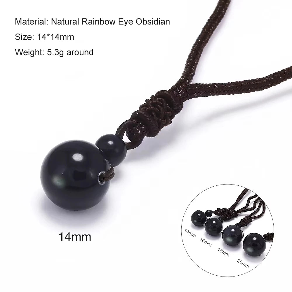 Halsketten und Anhänger aus Naturstein für Damen und Herren, schwarzer Obsidian, Regenbogenaugenperlen, Kugeltransfer, Lucky Love