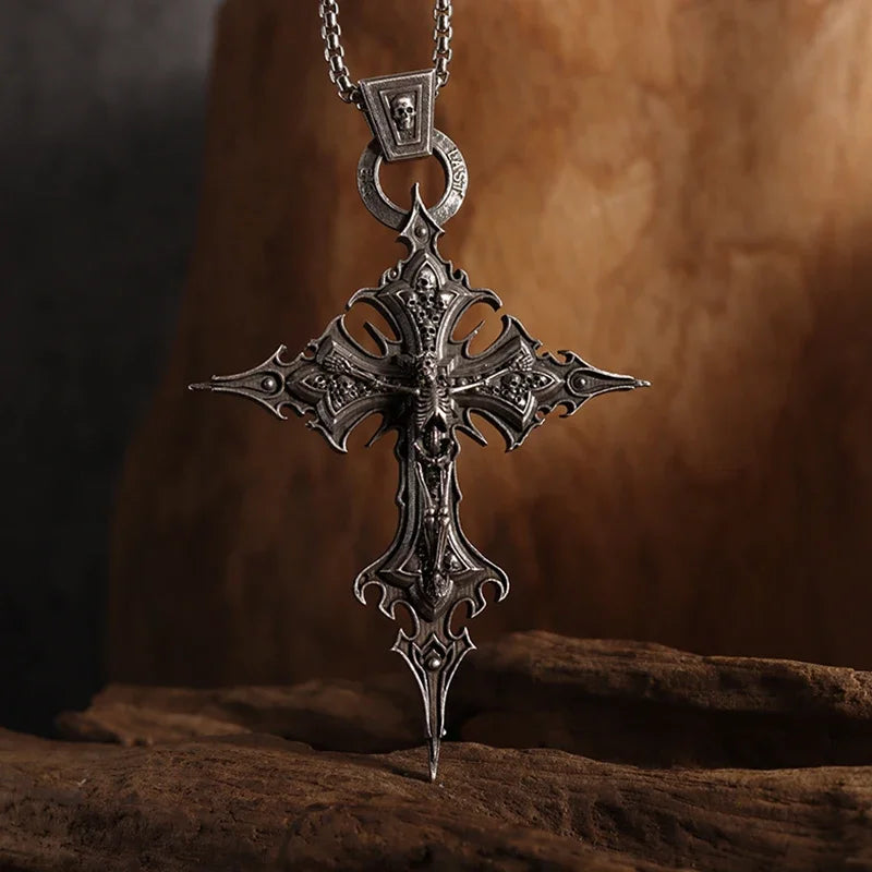 Vintage Gothic Totenkopf Jesus Kreuz Anhänger Halskette Katholischer Schmuck für Männer Punk Religiöse Amulett Halskette