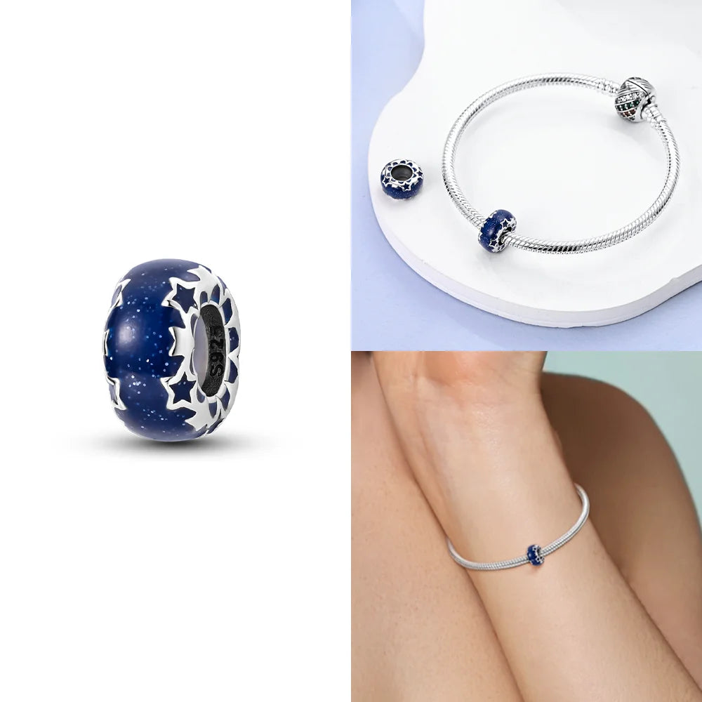Original 925 Silber Lila Romantische Sternenplanet Perlen Halskette Charms Perlen Fit Armband Frauen Diy Zubehör Feines Geschenk