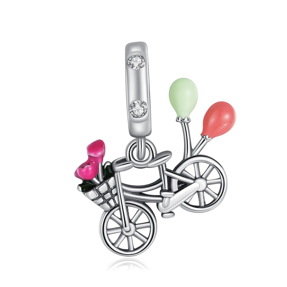 Exquisiter zweifarbiger Fahrrad-Anhänger aus 925er-Sterlingsilber mit drehenden Rädern, passend für Armbänder, schöner Schmuck, Accessoires, Geschenke