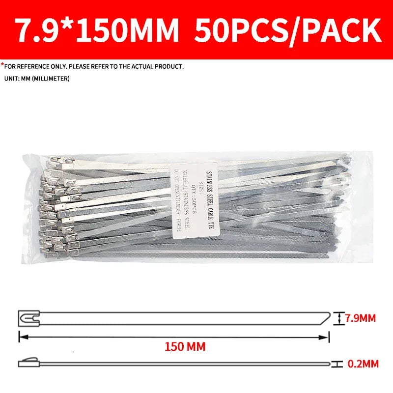 50 Stück Breite 7,9 mm Edelstahl-Kabelbinder, Auspufffolie, beschichtete Verriegelungskabelbinder, Mehrzweck-Kabelbinder mit Metall