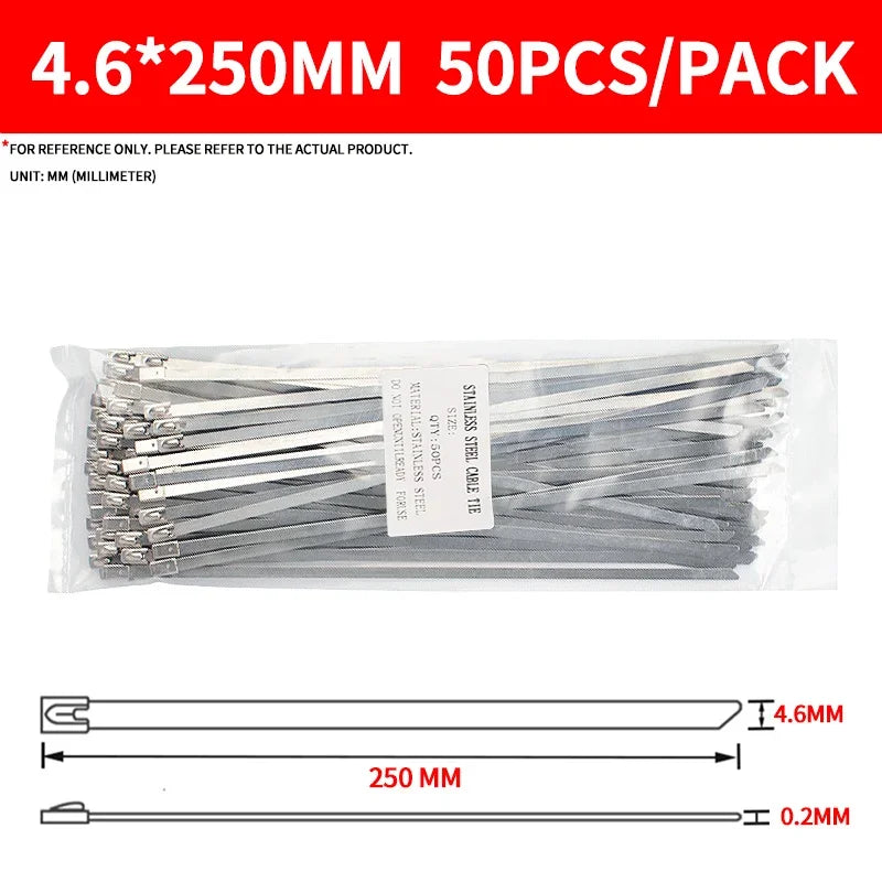 50 Stück 304 Edelstahl-Kabelbinder, selbstsichernde, rostfreie Metall-Kabelbinder für elektrischen Kabelbaum, robust