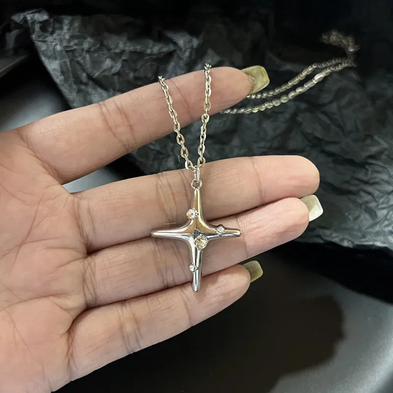 Silber Kreuz besetzte Diamant vierzackige Stern Halskette für Männer und Frauen Vintage Schlüsselbein Kette Party Schmuck