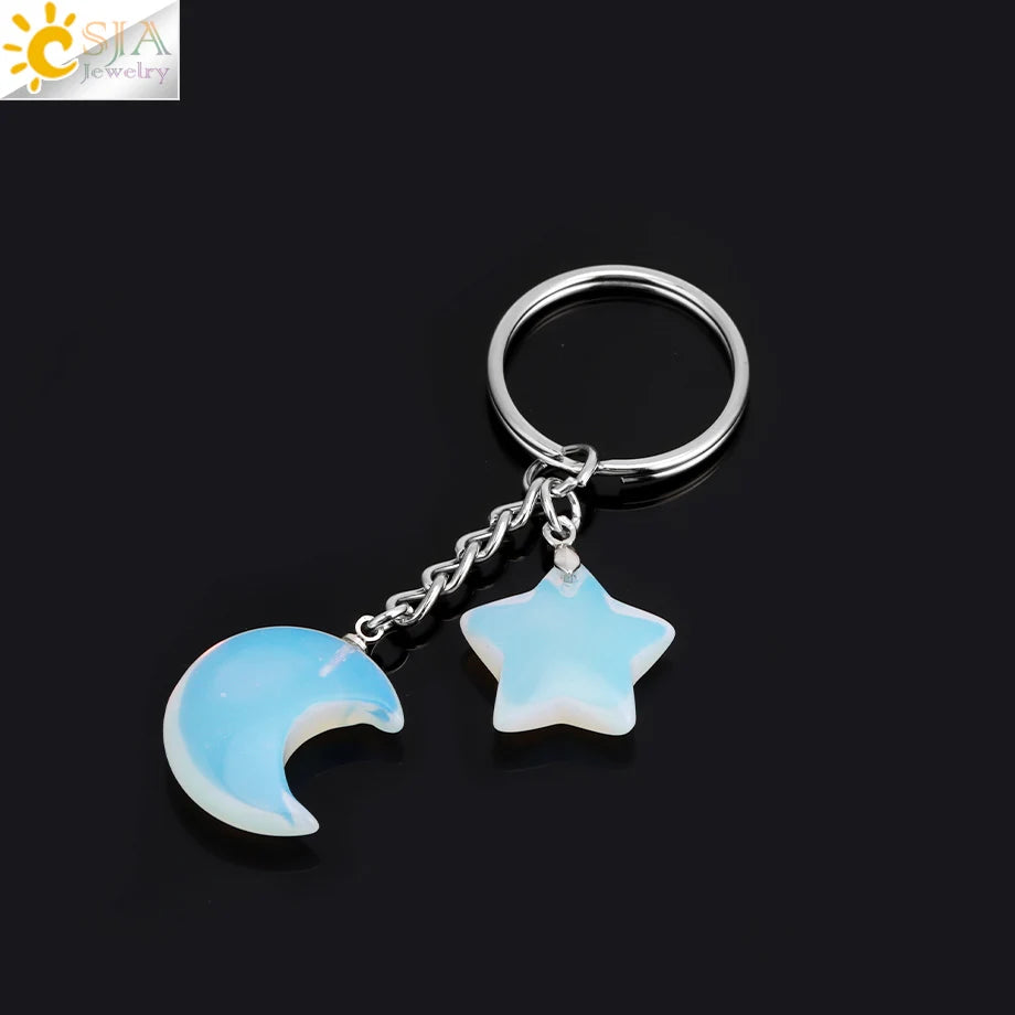 CSJA Healing Naturstein Schlüsselbund Trendy Mond Sterne Charm Bead Anhänger Silber Farbe Halter Schlüssel Ring Auto Schlüssel Ring Tasche Dekor H368
