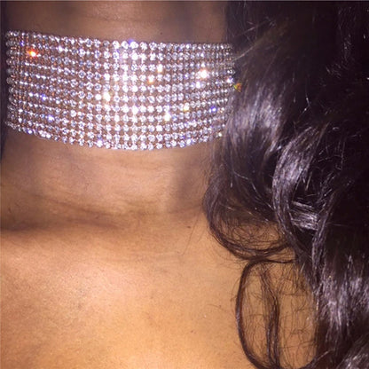 FestivalQueen Luxus-Halsband mit glitzernden Strasssteinen für Damen, breite Kragenkette, Promi-Schmuck, Geschenke, Bar, Nachtclub 2024