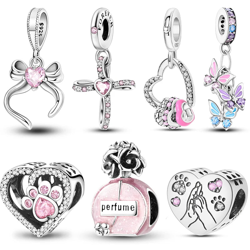 Original 925er Sterlingsilber, rosa Serie, Charms, Perlen, Schleife, Parfümflasche, herzförmiger Kreuz-Anhänger, passend für Armband, DIY-Schmuck
