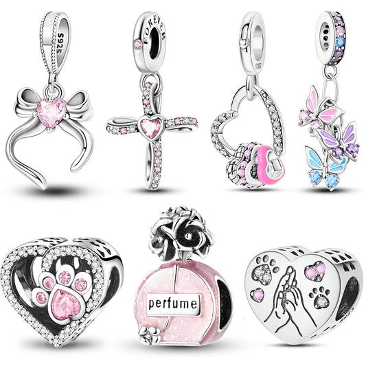 Original 925er Sterlingsilber, rosa Serie, Charms, Perlen, Schleife, Parfümflasche, herzförmiger Kreuz-Anhänger, passend für Armband, DIY-Schmuck