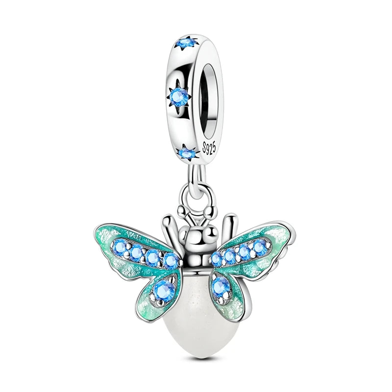 Bunter Schmetterlingsanhänger aus 925er-Sterlingsilber mit Blumen, Perlen, Käfer und Marienkäfer, passend für Armbänder, exquisite Anhänger-Geschenke