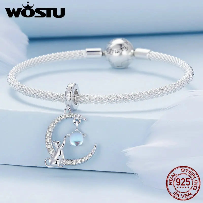 WOSTU 925 Sterling Silber Mondstein Charms Herz Perlen Astronaut Mond Anhänger Fit Original Armband DIY Halskette Schmuck Machen