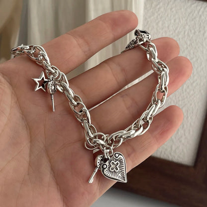 100 % massives 925er-Sterlingsilber-Retro-Armband für Damen und Herren, Vintage, handgefertigt, Vintage-Stil, Herz-Kreuz-Muster-Armband, Geburtstagsgeschenk