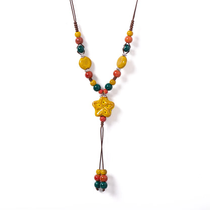 Runder Stern, handgefertigte Keramik-Halskette, verstellbarer Anhänger in Edelsteinblau, Boho-Schmuck, langer Anhänger für Frauen 1101