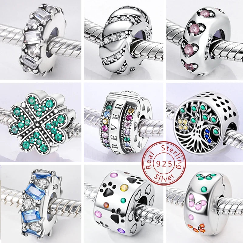Silber-Charm, 925er-Sterlingsilber, Clip-Charms, Sicherheitsketten-Charm, CZ-Pavé, runde Clip-Perlen, passend für Original-Armbänder, Schmuckherstellung