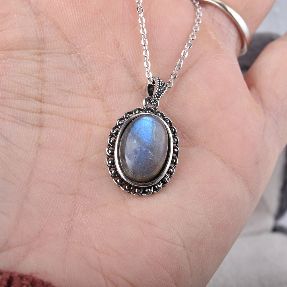 ITSMOS Halskette mit Anhänger aus natürlichem Labradorit, versilbert, schlichter Stein, Vintage-Mode, eleganter Schmuck für Frauen, romantisch
