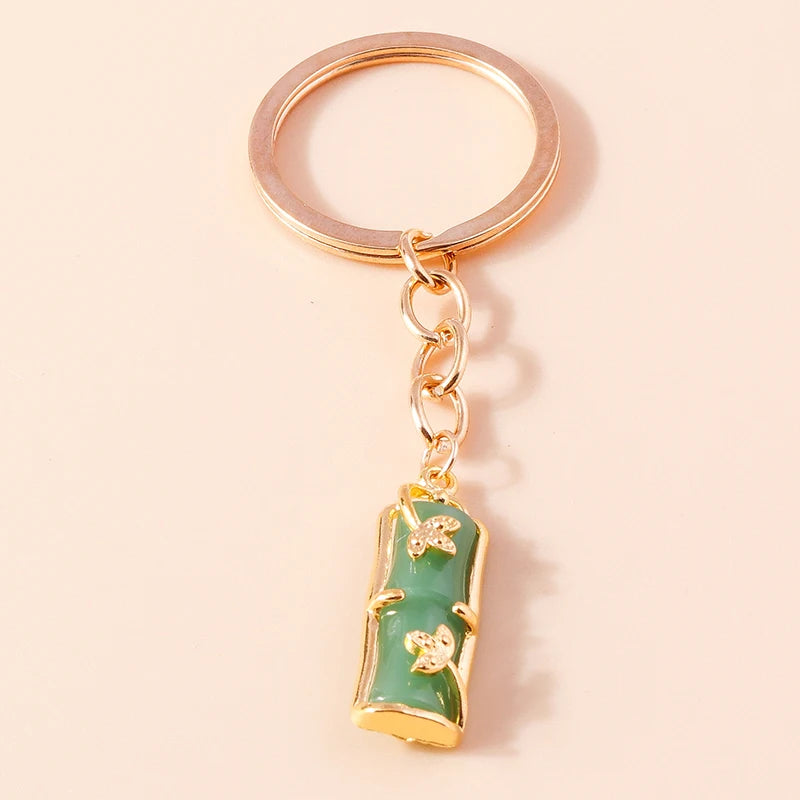 Elegante Edelstein Jade Bambus Schlüssel bund Charms Emaille Glück Katze Schlüssel ringe für Frauen Männer Handtasche Anhänger DIY Schmuck Zubehör