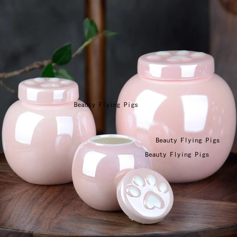 1 Piece Pink Ceramic Urn with Claw Print for Ashes, Small Cat and Dog Ceramic Ash Storage Jar, Pink Pet Hair Jar, Pet Funeral Supplies