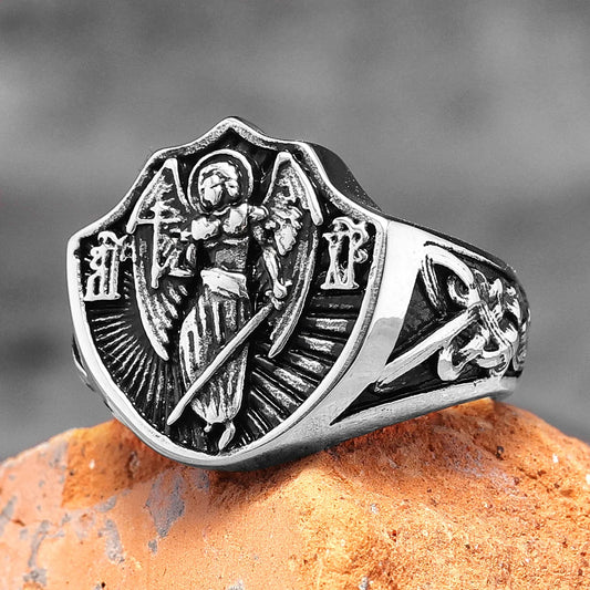 Erzengel St. Michael Religion Amulett Edelstahl Herren Ringe Punk für männlichen Freund Biker Schmuck Kreativität Geschenk Großhandel