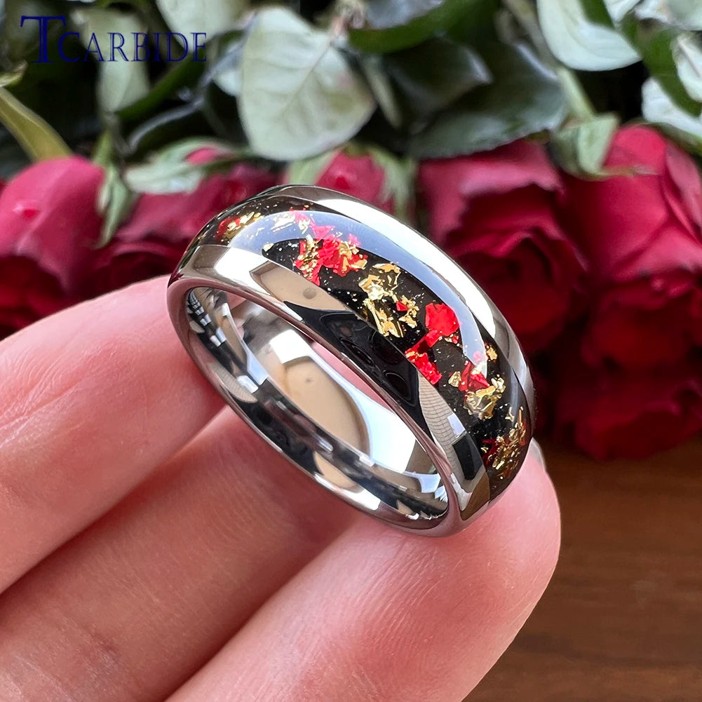 Dropshipping 6mm 8mm 18k Gold Farbe Kuppel Ehering Schöner Wolframkarbid Ring mit roter und Goldfolieninlage Comfort Fit