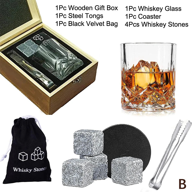 Set mit 8 Granit-Eiswürfeln + 2 Gläsern für Whisky in Holzbox, Geschenk für Papa, Vatertagsgeschenk für Männer, Whisky-Steine