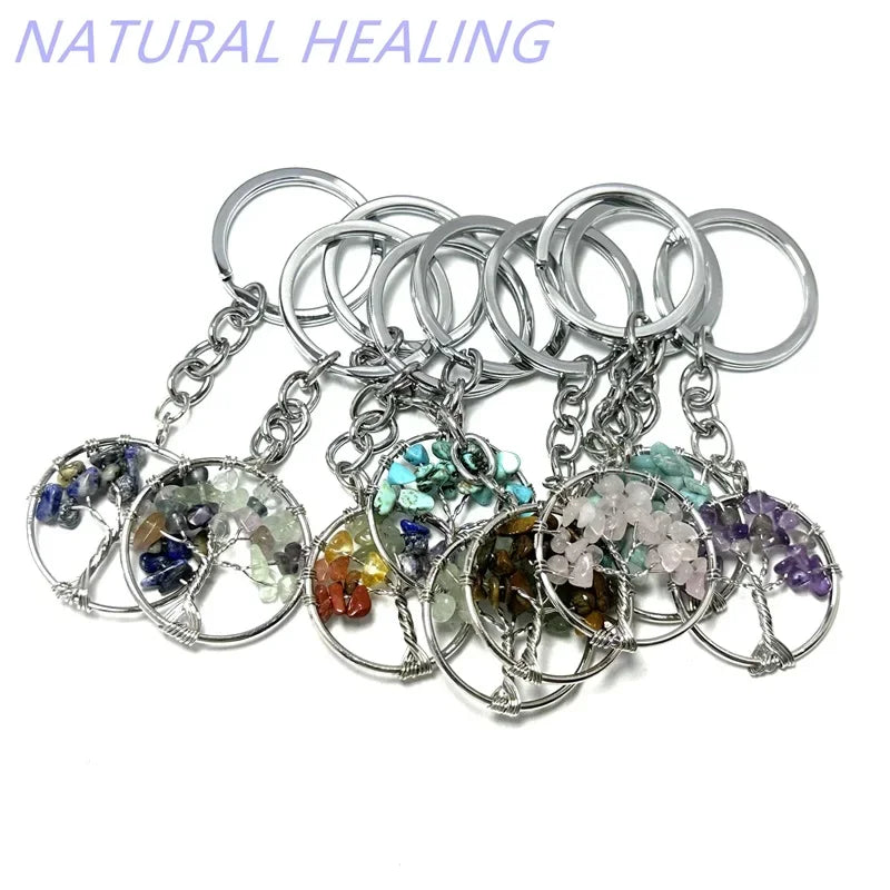 10 stücke Frauen natürlichen Chip Quarz Stein Perle 30mm Herz runden Baum des Lebens Schlüssel anhänger Lanyard Großhandel Schlüssel ringe