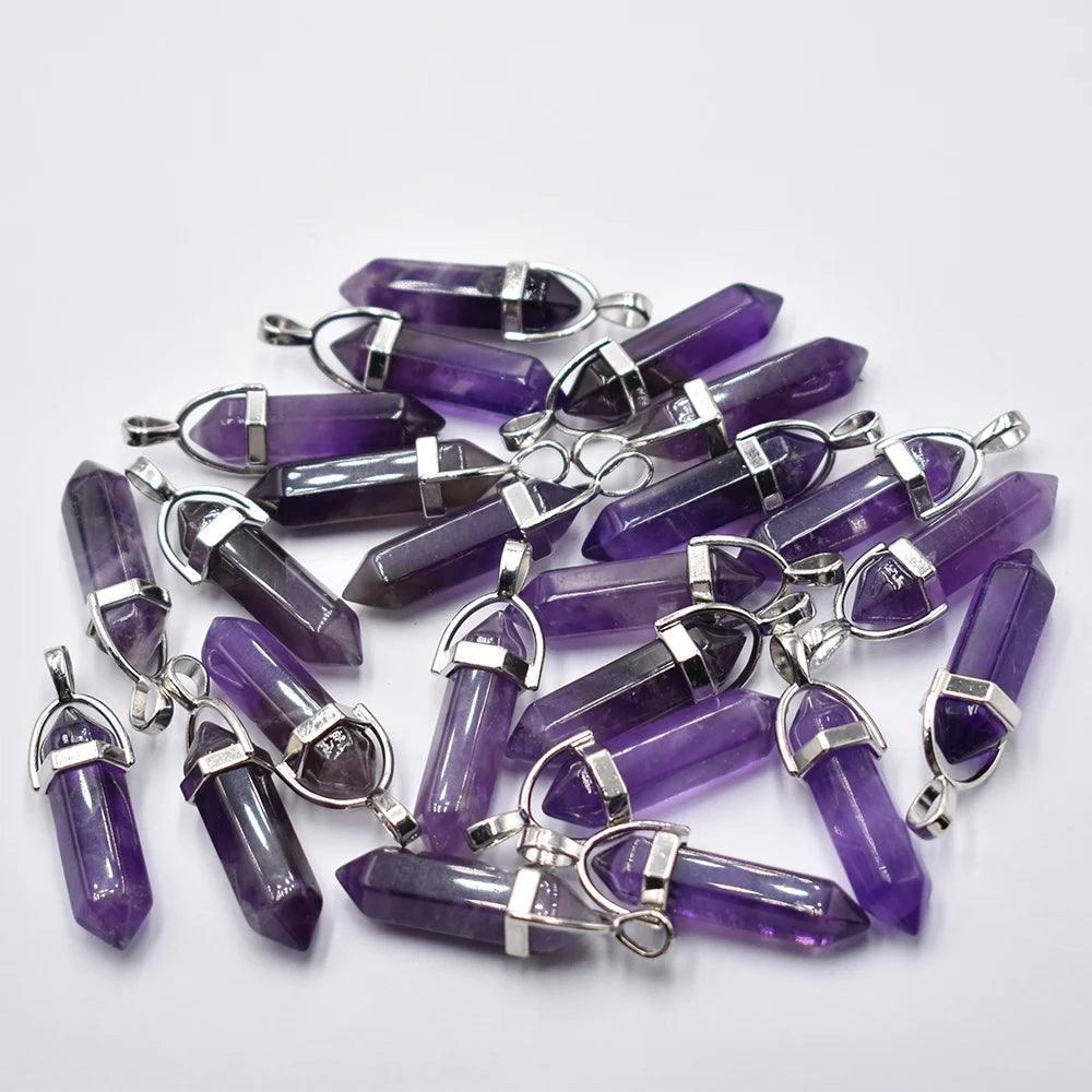 Großhandel 24 teile/los Mode qualität verschiedene naturstein amethyst säule charms chakra Anhänger & halsketten für die herstellung kostenlos