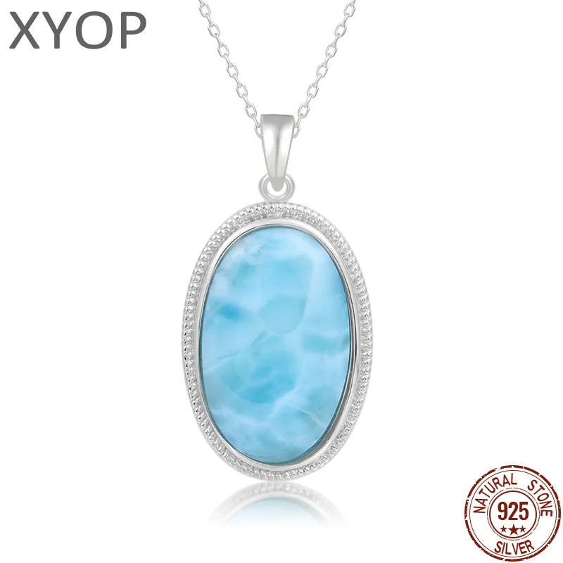 925 Sterling Silber Schmuck Geschenke Klassische Anhänger Halskette Natürliche Edel Larimar Retro Frau Oval Charme Rhodium Überzogene Gold