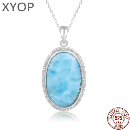 925 Sterling Silber Schmuck Geschenke Klassische Anhänger Halskette Natürliche Edel Larimar Retro Frau Oval Charme Rhodium Überzogene Gold