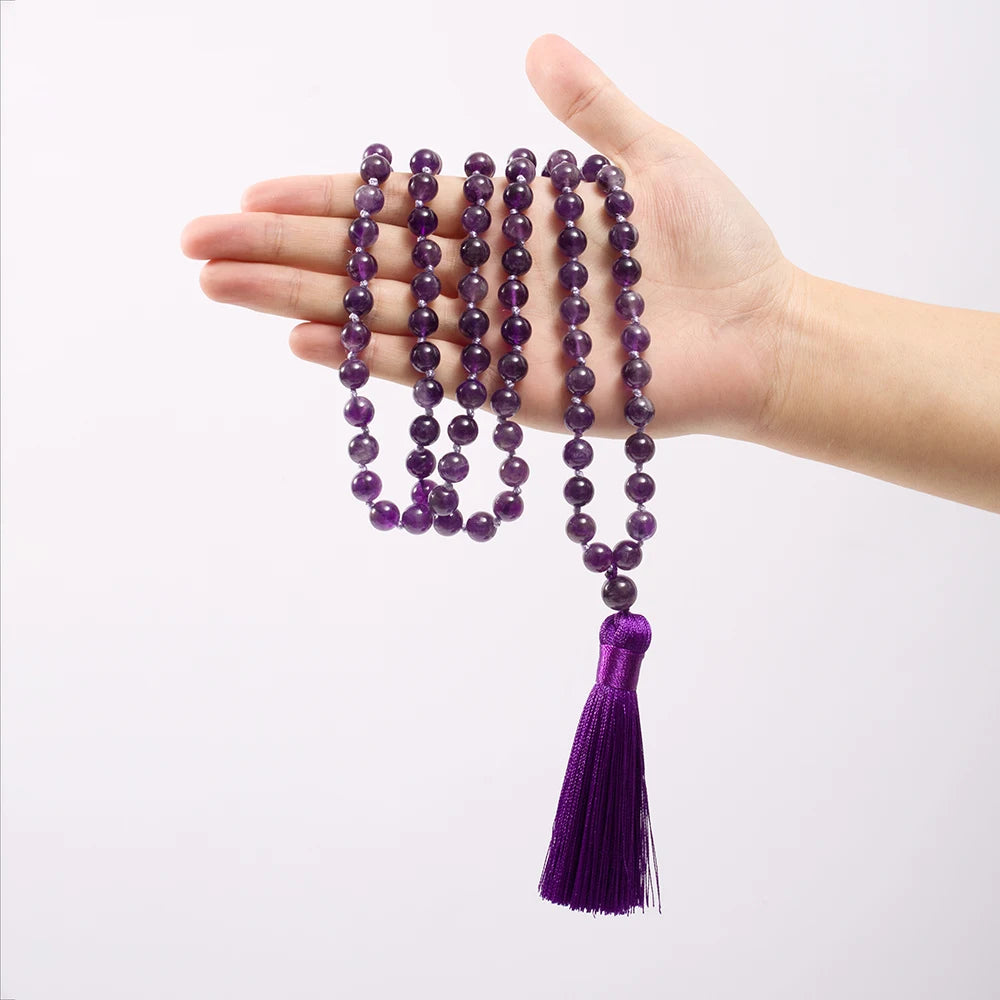 8mm Natürliche Amethyst-Perlen Geknotete 108 Japa Mala Gebetskette Meditations-Gebets-Yoga-Schmuck für Männer und Frauen
