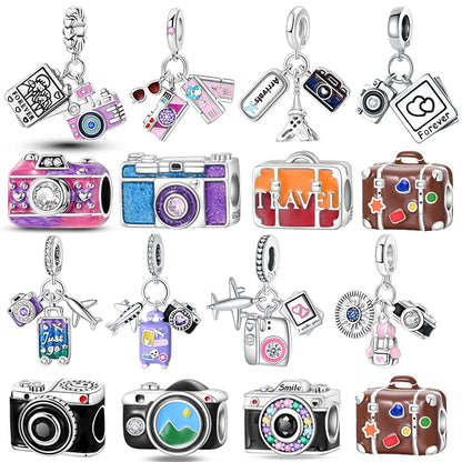 925er Sterlingsilber, modisch, bunt, Kamera, Gepäck, Reisen, Rucksack, Anhänger, Charms, Perlen, passend für Armbänder, DIY-Jubiläumsschmuck
