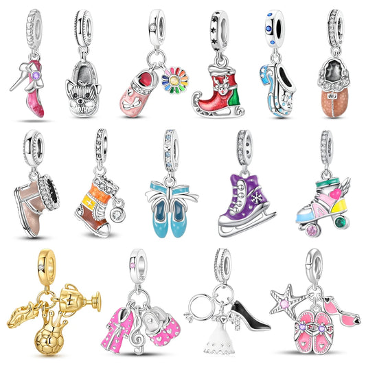 Klassische rote High Heels und goldene Turnschuhe aus 925er-Sterlingsilber, Fußball-Trophäe, baumelnder Charm, passend für Armbänder, Boutique-Schuhserie, Geschenke