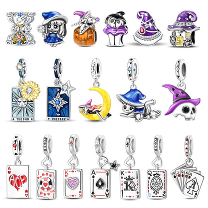 Geheimnisvoller Charm-Anhänger aus 925er-Sterlingsilber mit Hexen- und Tarotkarten-Spielkarten, passend für DIY-Armbänder, Halsketten, die als Glücksgeschenk wünscht