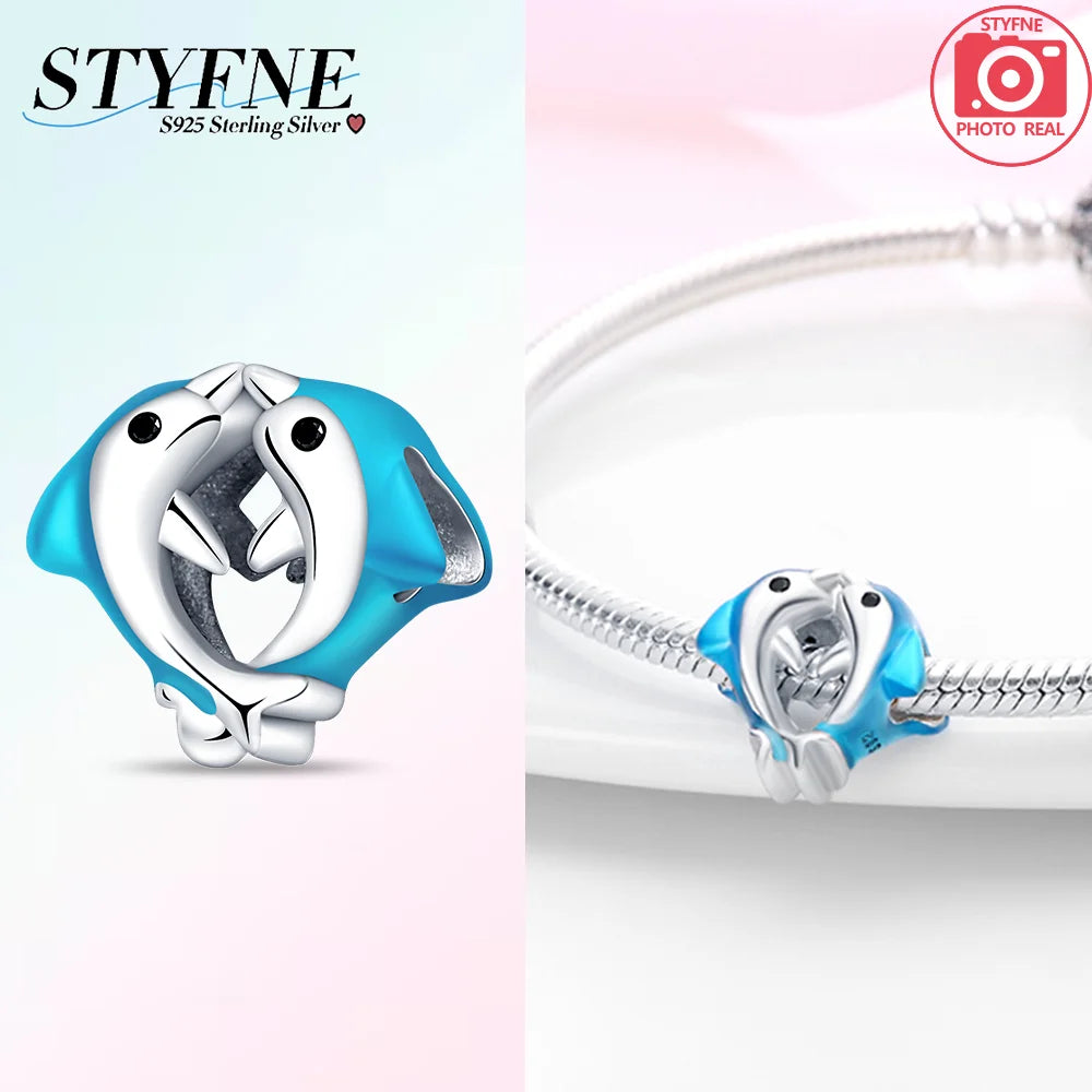Charms aus 925er-Sterlingsilber, Perlen-Anhänger, Muschel, Delfin, Hippocampus, blauer Charm für Damen, Armband, Schmuck, Geschenk