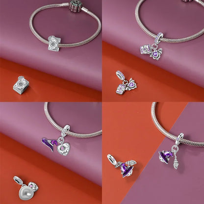 Silber 925 lila fliegender Hexenhut und Zauberbuch-Charms, Perlen, passend für Original-Armbänder, DIY-Halloween-Charm für Frauen, Schmuck, Geschenke