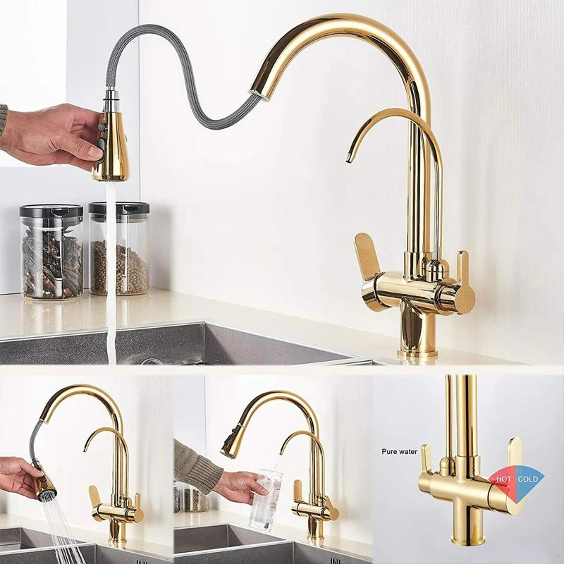 Küchenarmatur mit reinem Wasser, Deckmontage, Doppelgriff-Wasserhahn, Reinigung, Küchenspüle, Wasserhahn, 2, drehbarer Auslauf, Wassermischbatterie