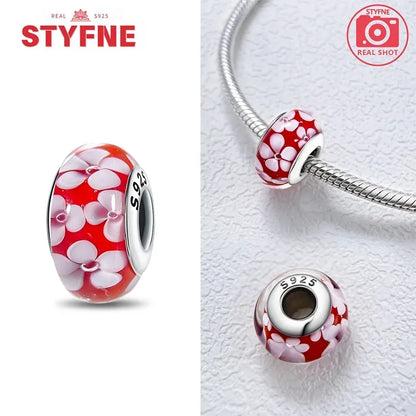 Echtes Sterlingsilber 925, Blumen-Charms, Glas, neue Original-Perle, bunt, Murano, passend für Original-Armbänder, DIY für Frauen, Schmuck, Geschenke