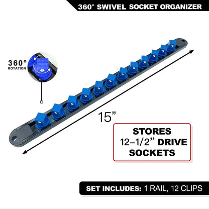 360 °   Drehbarer ABS-Sockel-Organizer, 1/4 Zoll, 3/8 Zoll, 1/2 Zoll, Premium-Qualität, Sockel-Clip-Schienenhalter, Steckdosen-Organizer, Werkzeuge, Blau und Rot
