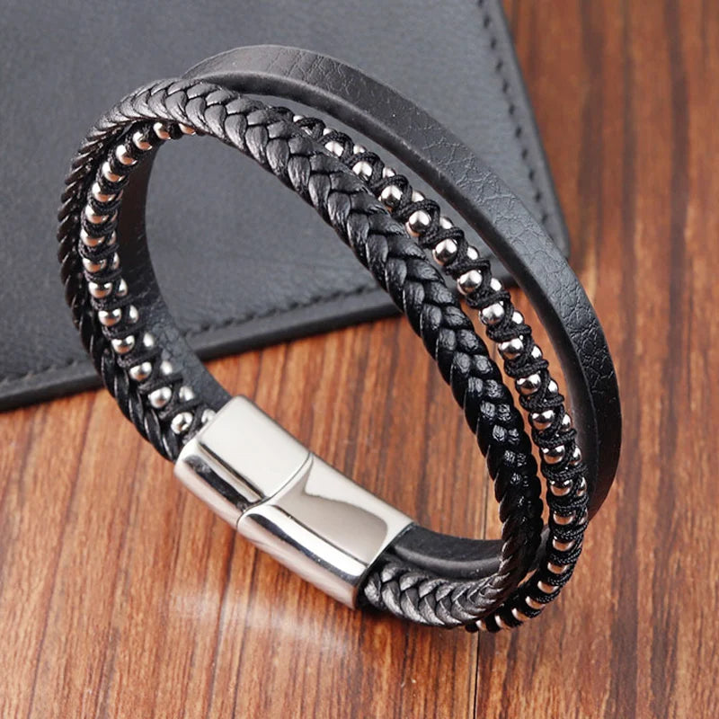 Geflochtenes Seil gewebtes schwarzes Leder Herrenarmbänder Punk-Stil Edelstahl-Armreif für Freund Charm Modeschmuck Geschenke