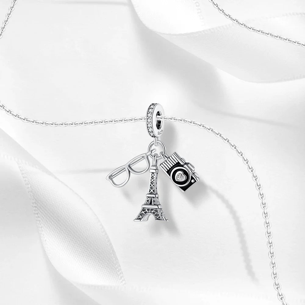 Kreativer Doppel-Charm aus 925er-Sterlingsilber, Eiffelturm, goldenes Herz, passend für DLY-Armbänder, Halsketten, Damen-Dating-Schmuck-Accessoires