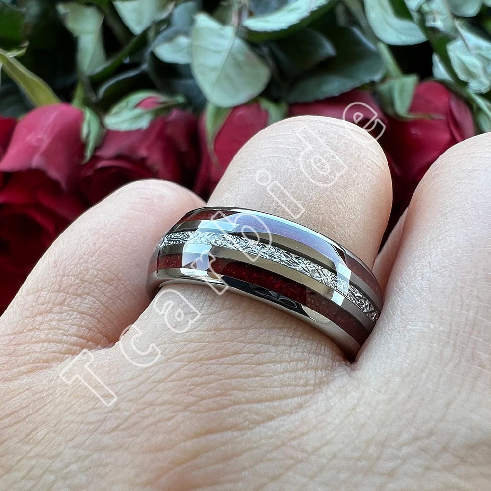 Dropshipping 8MM Männer Frauen Schöne Hochzeit Band Wolfram Rot Opal Ring mit Helle Meteorit Inlay Gewölbt Poliert Komfort Fit