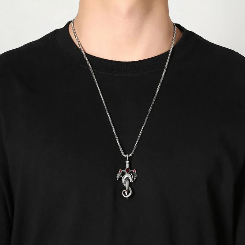 Gotische Drachenschwert-Kreuz-Anhänger-Halskette – Punk-Zirkon-Drachenanhänger – Vintage-Schwert-Anhänger – Dunkler Gothic-Schmuck für Herren & Damen