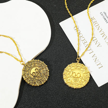 Fluch der Karibik Jack Sparrow Azteken Skelett Schädel Köpfe Münze Medaillon Anhänger Vintage Schmuck Halskette für Großhandel