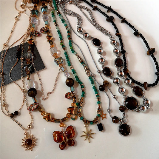 Mode Retro Perlen Schmetterling Metall Y2K Sun Star Opal Anhänger Kette Choker Halskette Für Frauen Böhmen Charme Schmuck Zubehör