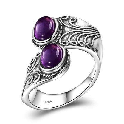 Punk-Hiphop-Ring aus 925er-Sterlingsilber, neues Design, mit zwei Amethysts, für Männer und Frauen, Schmuck, Party, Geburtstag, Geschenk